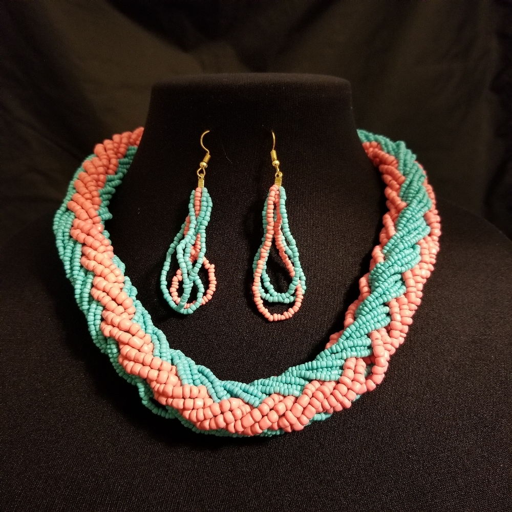 Multi Seed Bead Strand Braided Short Necklace Blend Of Fuchsia Aqua Seed Beads